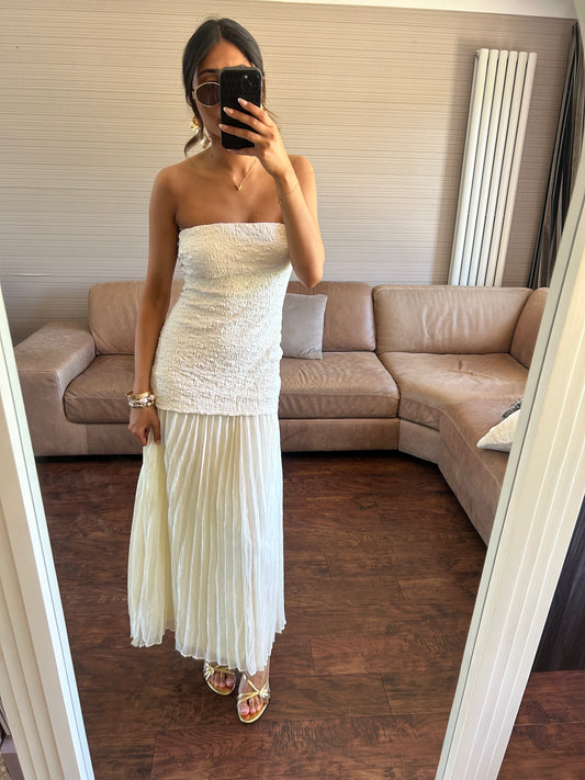 Pleated Bandeau Cream Maxi Dress