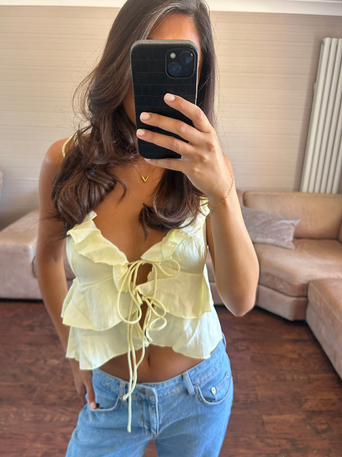 Yellow tie up ruffle top