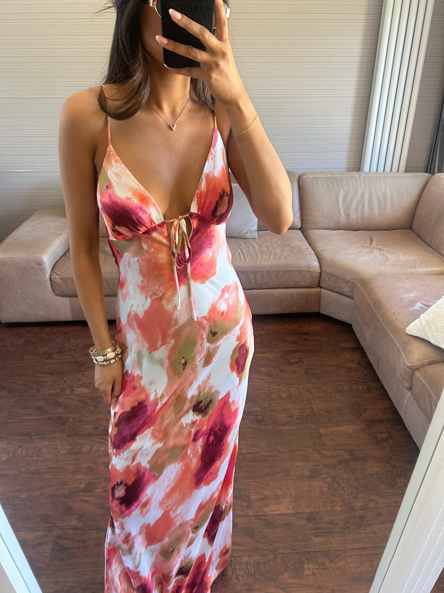 Watercolour satin maxi dress